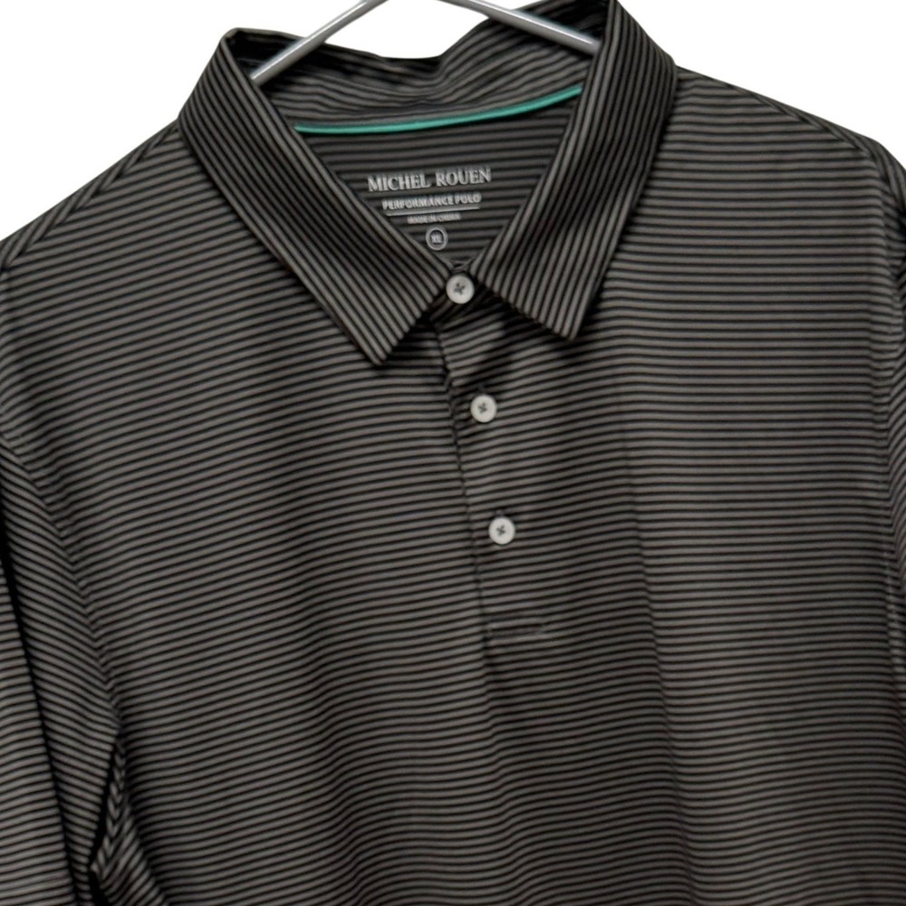 Michel Rouen Mens XL Grey Black Striped Performance Golf Polo Shirt Short Sleeve